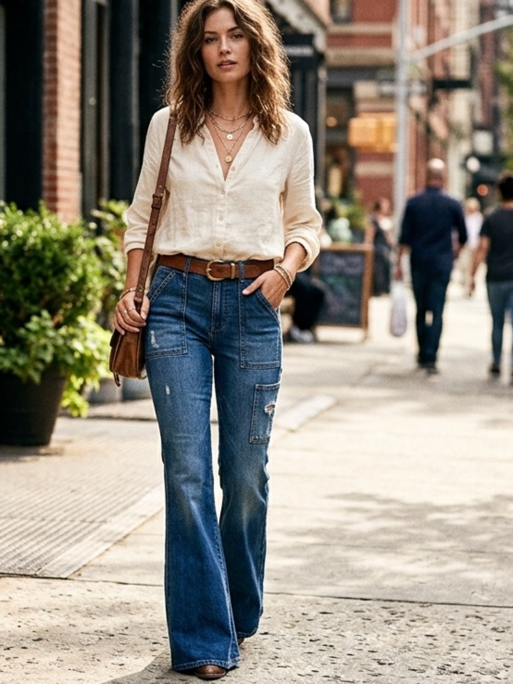 BLANKNYC Distressed Utility Flare Jeans - Medium/Dark Wash Carpenter Denim